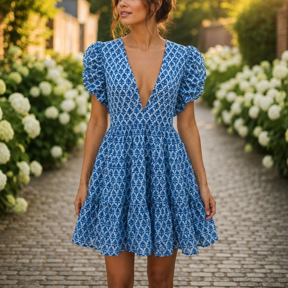 Oliphant Cross Back Mini Dress Fern Blue L‎ Cottagecore Boho Coastal Summer